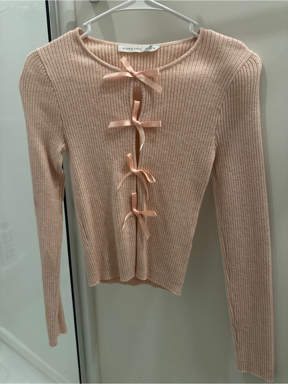 Altar'd State Soft Blush Pink Ribbed Long Sleeve Top with Bow Ties